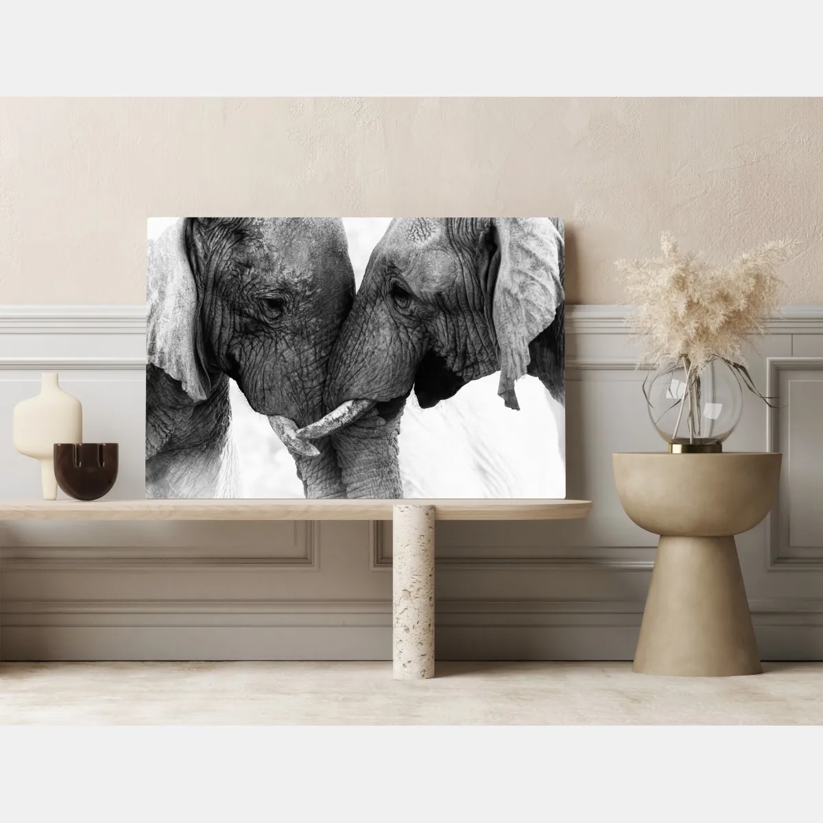 Obraz na płótnie uścisk słoni czarno-biały portret – Wallissimo® Obraz na płótnie uścisk słoni czarno-biały portret – Wallissimo®