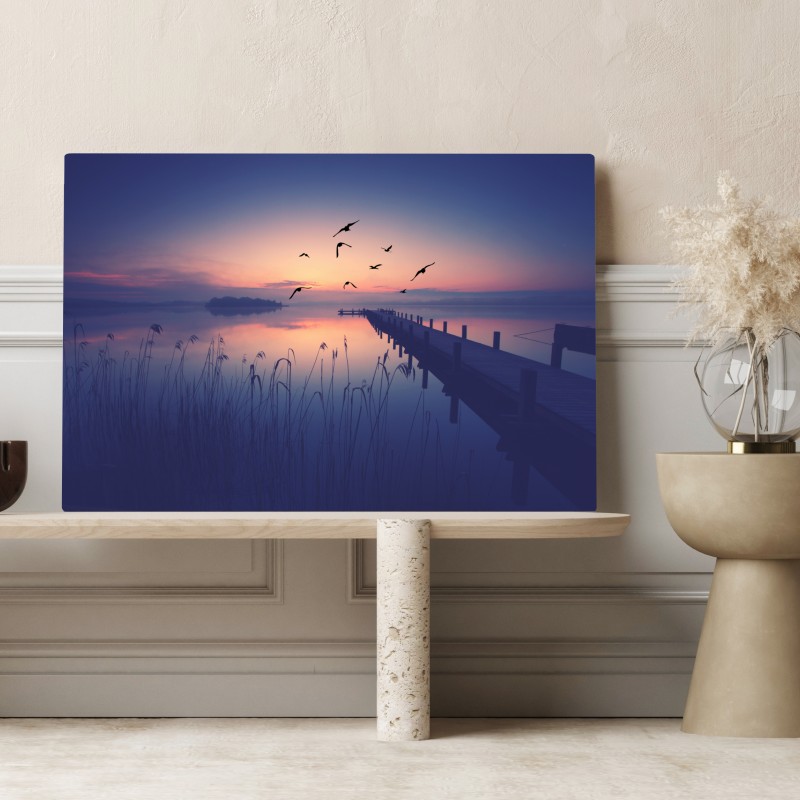 Obraz na płótnie spokojny wschód nad jeziorem z ptakami – Wallissimo® Obraz na płótnie spokojny wschód nad jeziorem z ptakami – Wallissimo®