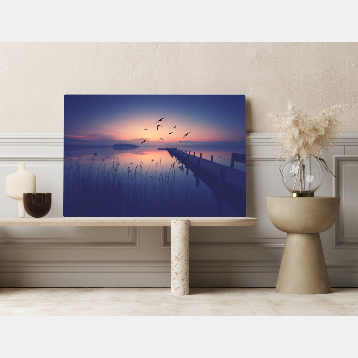 Obraz na płótnie spokojny wschód nad jeziorem z ptakami – Wallissimo® Obraz na płótnie spokojny wschód nad jeziorem z ptakami – Wallissimo®