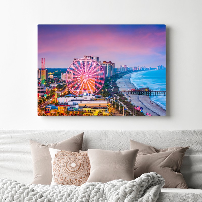 Obraz na płótnie Myrtle Beach zachód słońca nad plażą z diabelskim młynem – Wallissimo® Obraz na płótnie Myrtle Beach zachód słońca nad plażą z diabelskim młynem – Wallissimo®