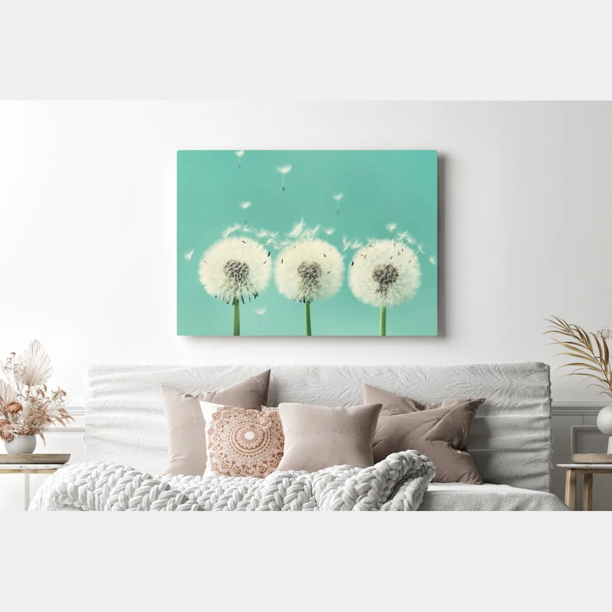 Obraz na płótnie trzy dmuchawce na turkusowym tle – Wallissimo® Obraz na płótnie trzy dmuchawce na turkusowym tle – Wallissimo®
