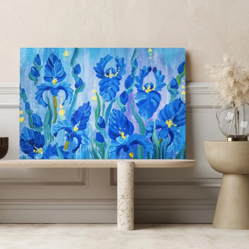 Obraz na płótnie żywy niebieski bukiet irysów – Wallissimo® Obraz na płótnie żywy niebieski bukiet irysów – Wallissimo®