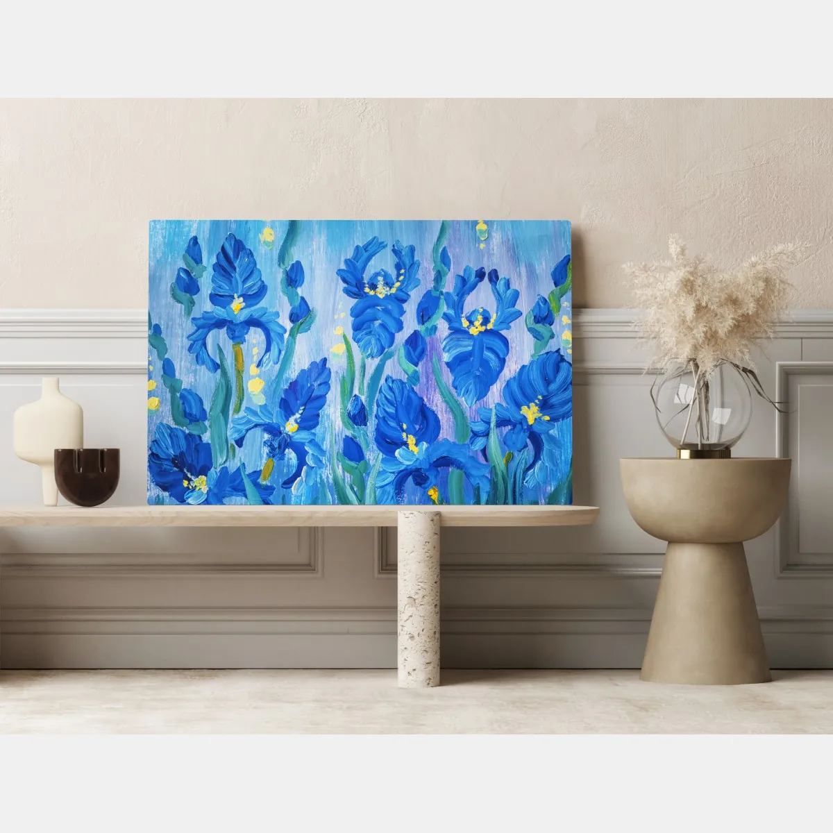 Obraz na płótnie żywy niebieski bukiet irysów – Wallissimo® Obraz na płótnie żywy niebieski bukiet irysów – Wallissimo®