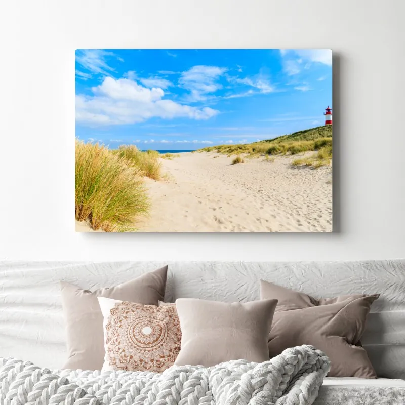 Obraz na płótnie spokojne wydmy Sylt z latarnią morską – Wallissimo® Obraz na płótnie spokojne wydmy Sylt z latarnią morską – Wallissimo®