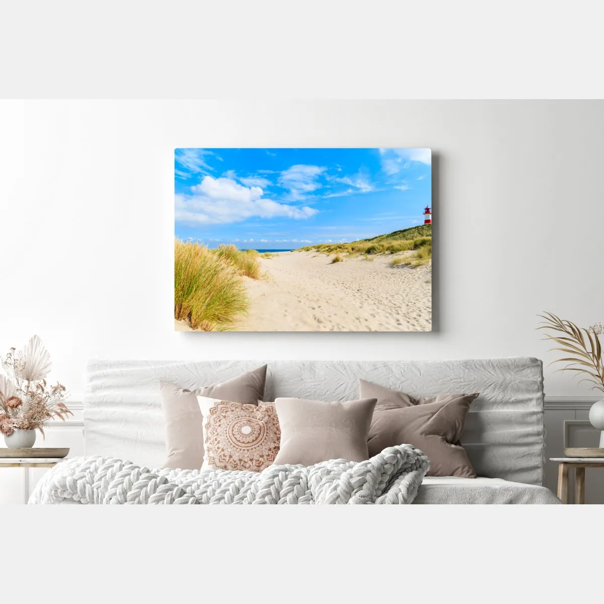 Obraz na płótnie spokojne wydmy Sylt z latarnią morską – Wallissimo® Obraz na płótnie spokojne wydmy Sylt z latarnią morską – Wallissimo®
