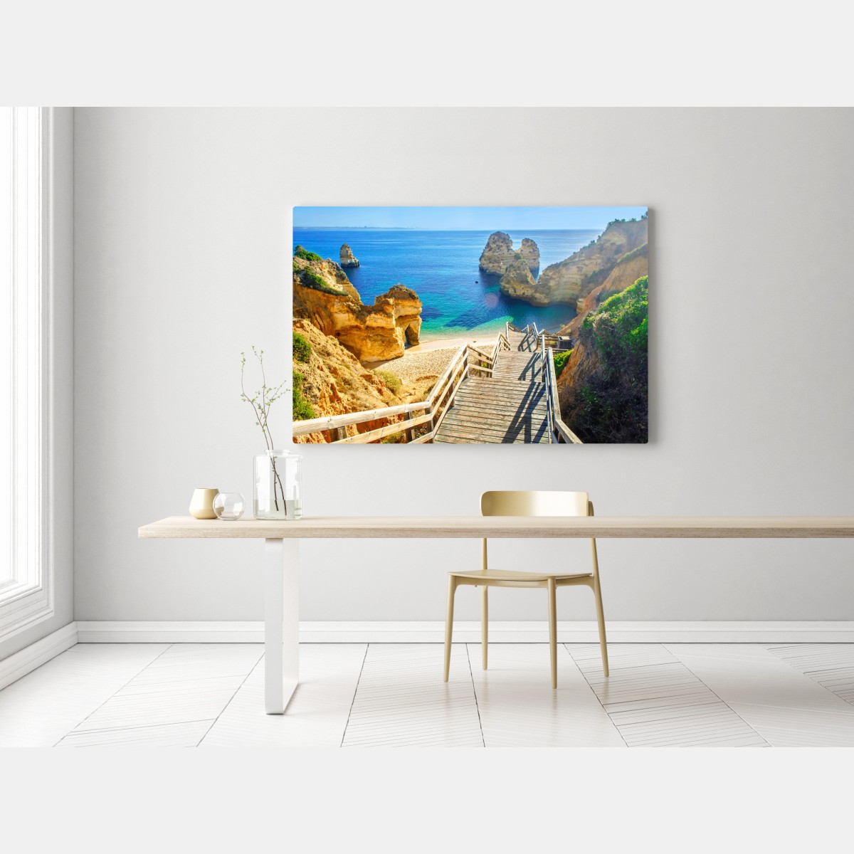 Obraz na płótnie słoneczne schody prowadzące do turkusowej zatoczki – Wallissimo® Obraz na płótnie słoneczne schody prowadzące do turkusowej zatoczki – Wallissimo®