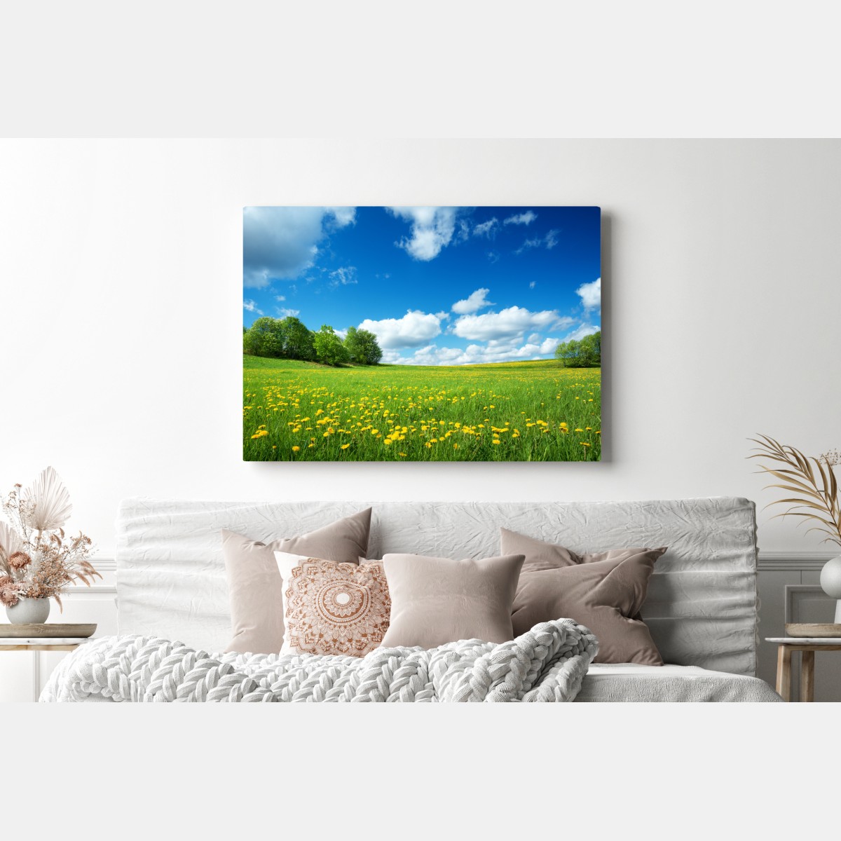 Obraz na płótnie słoneczna łąka z mniszkami i błękitnym niebem – Wallissimo® Obraz na płótnie słoneczna łąka z mniszkami i błękitnym niebem – Wallissimo®