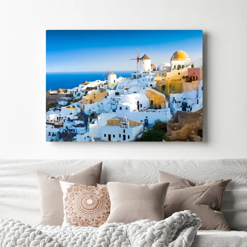 Obraz na płótnie nasłonecznione miasteczko Santorini nad morzem – Wallissimo® Obraz na płótnie nasłonecznione miasteczko Santorini nad morzem – Wallissimo®
