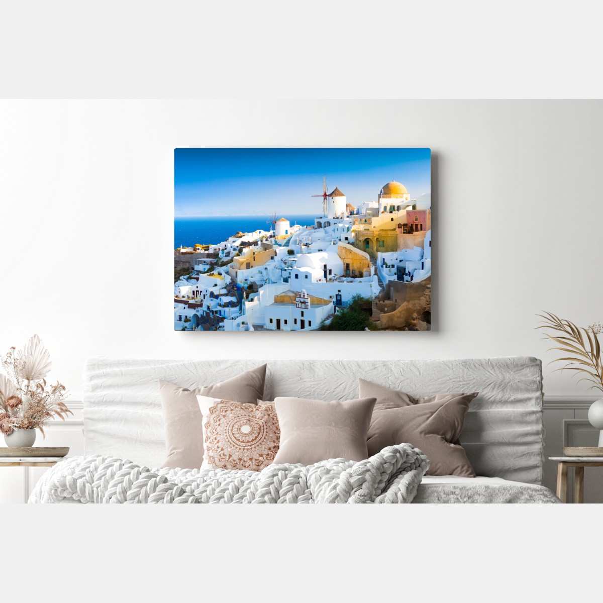 Obraz na płótnie nasłonecznione miasteczko Santorini nad morzem – Wallissimo® Obraz na płótnie nasłonecznione miasteczko Santorini nad morzem – Wallissimo®