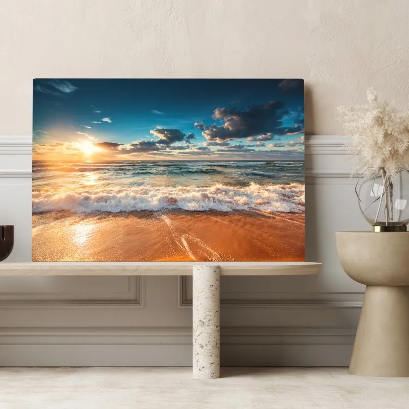 Obraz na płótnie złoty wschód słońca nad brzegiem morza – Wallissimo® Obraz na płótnie złoty wschód słońca nad brzegiem morza – Wallissimo®
