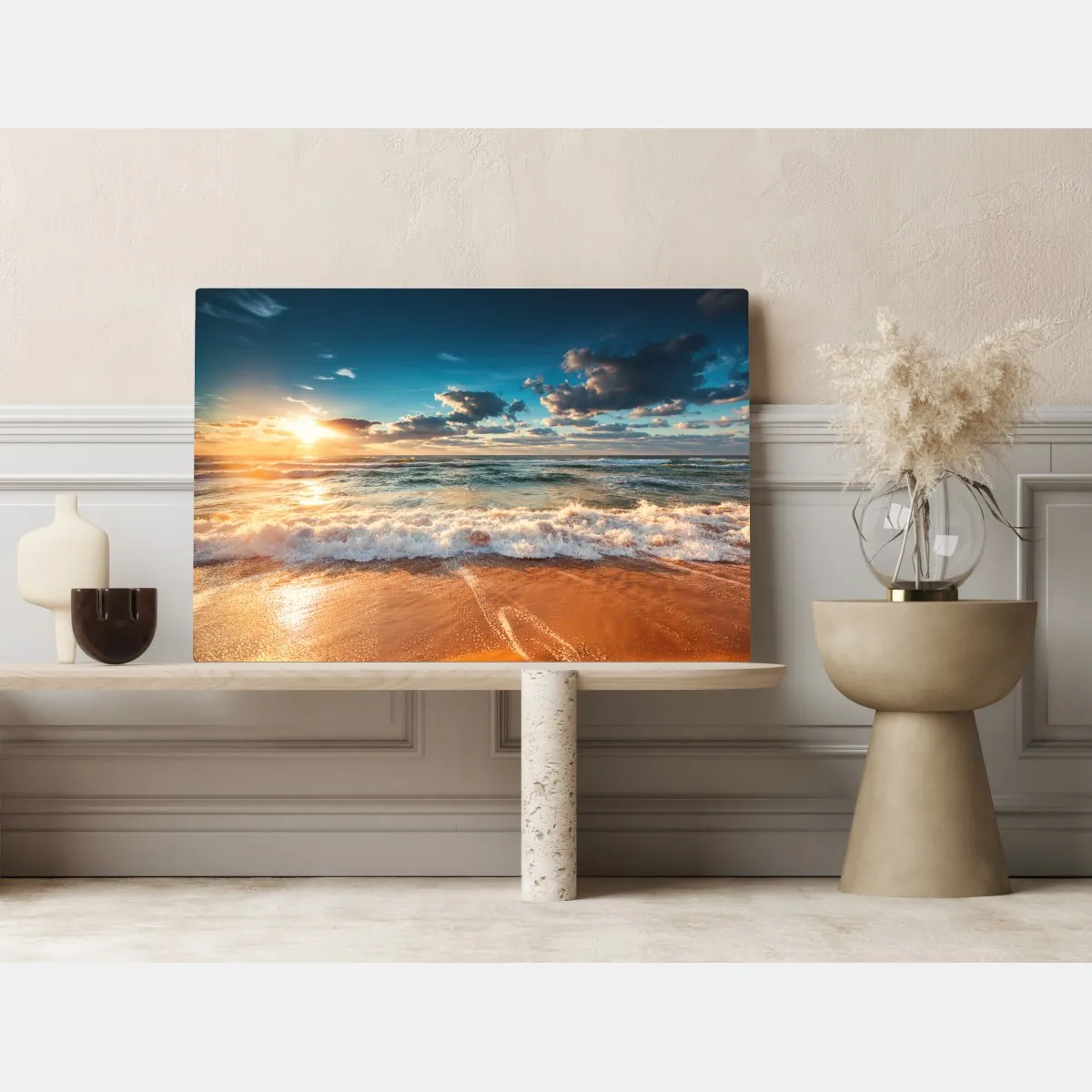 Obraz na płótnie złoty wschód słońca nad brzegiem morza – Wallissimo® Obraz na płótnie złoty wschód słońca nad brzegiem morza – Wallissimo®
