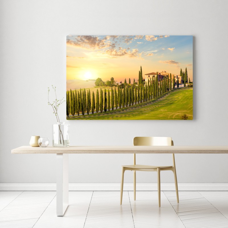 Obraz na płótnie Toskania zachód słońca aleja cyprysów – Wallissimo® Obraz na płótnie Toskania zachód słońca aleja cyprysów – Wallissimo®