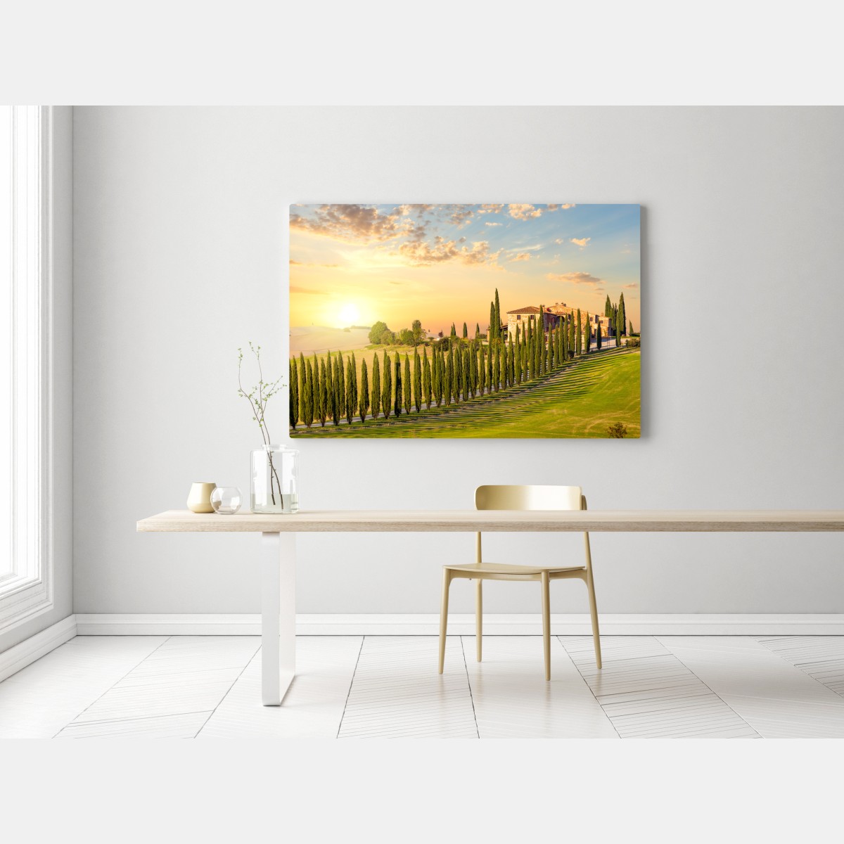 Obraz na płótnie Toskania zachód słońca aleja cyprysów – Wallissimo® Obraz na płótnie Toskania zachód słońca aleja cyprysów – Wallissimo®