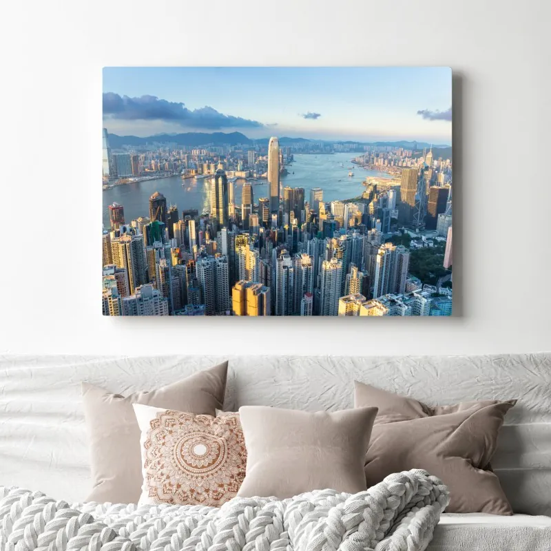 Obraz na płótnie panorama Hongkongu o zachodzie słońca – Wallissimo® Obraz na płótnie panorama Hongkongu o zachodzie słońca – Wallissimo®