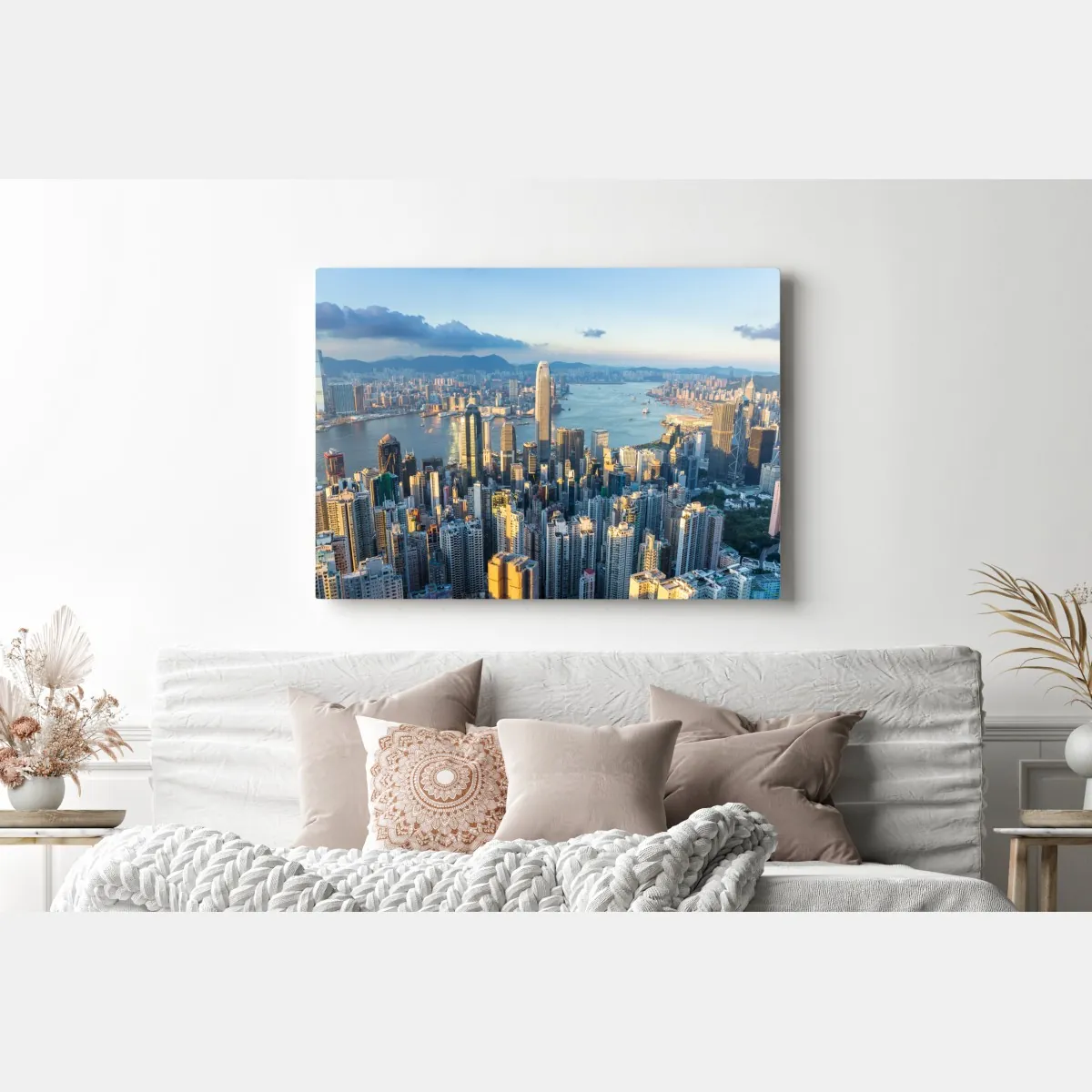 Obraz na płótnie panorama Hongkongu o zachodzie słońca – Wallissimo® Obraz na płótnie panorama Hongkongu o zachodzie słońca – Wallissimo®