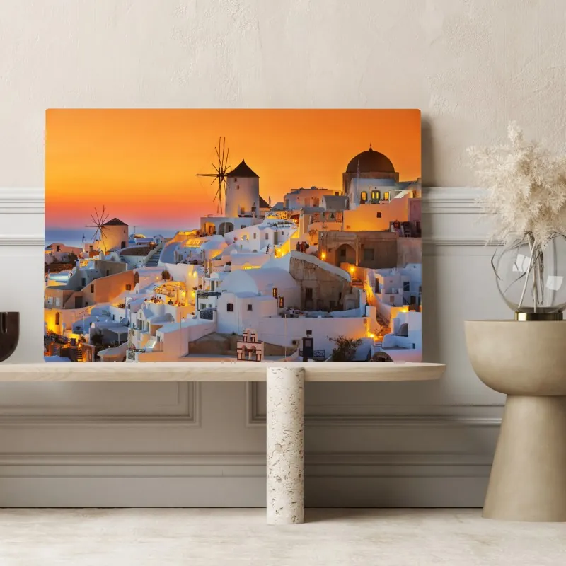 Obraz na płótnie złoty zachód słońca w Oia, Santorini – Wallissimo® Obraz na płótnie złoty zachód słońca w Oia, Santorini – Wallissimo®