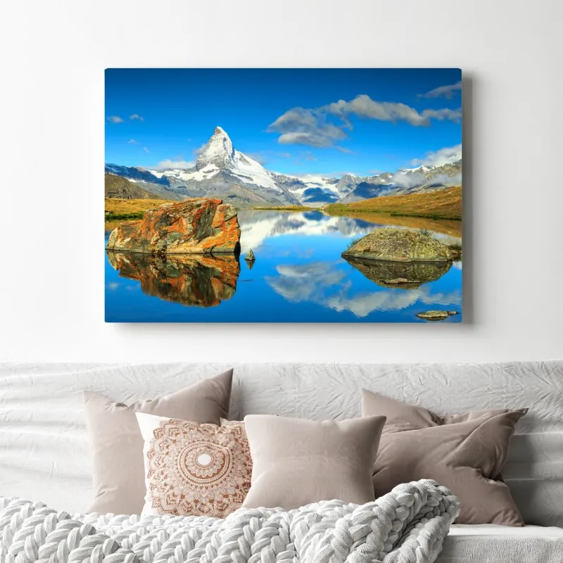Obraz na płótnie odbicie Matterhornu nad alpejskim jeziorem – Wallissimo® Obraz na płótnie odbicie Matterhornu nad alpejskim jeziorem – Wallissimo®