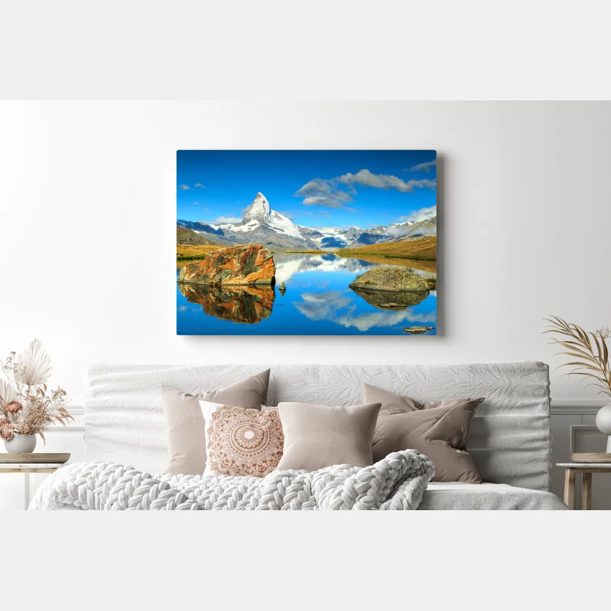 Obraz na płótnie odbicie Matterhornu nad alpejskim jeziorem – Wallissimo® Obraz na płótnie odbicie Matterhornu nad alpejskim jeziorem – Wallissimo®