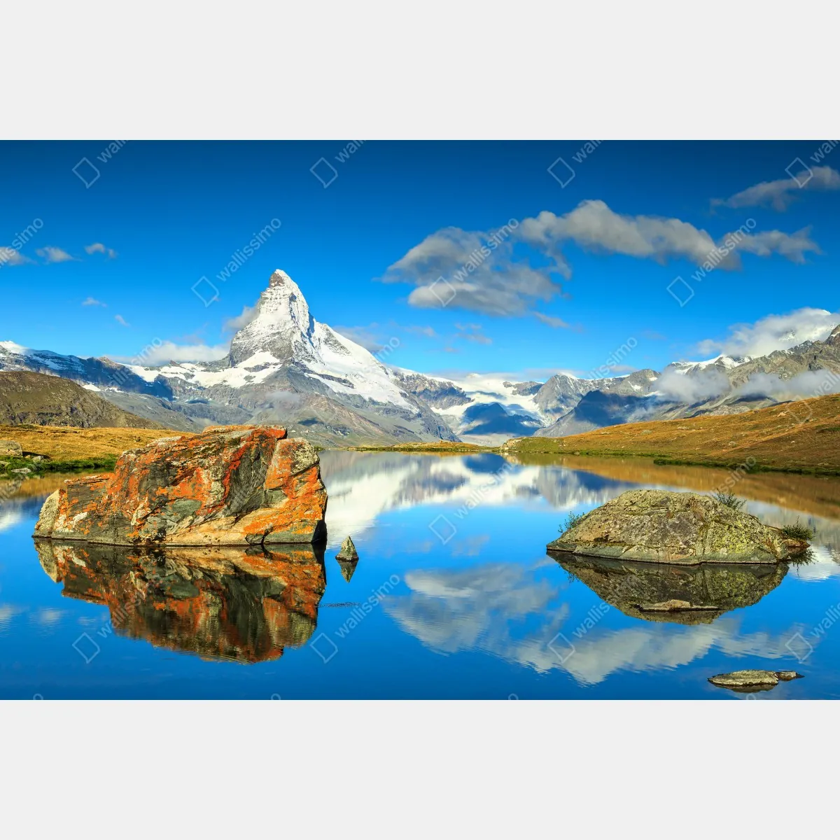 Obraz na płótnie odbicie Matterhornu nad alpejskim jeziorem – Wallissimo® Obraz na płótnie odbicie Matterhornu nad alpejskim jeziorem – Wallissimo®