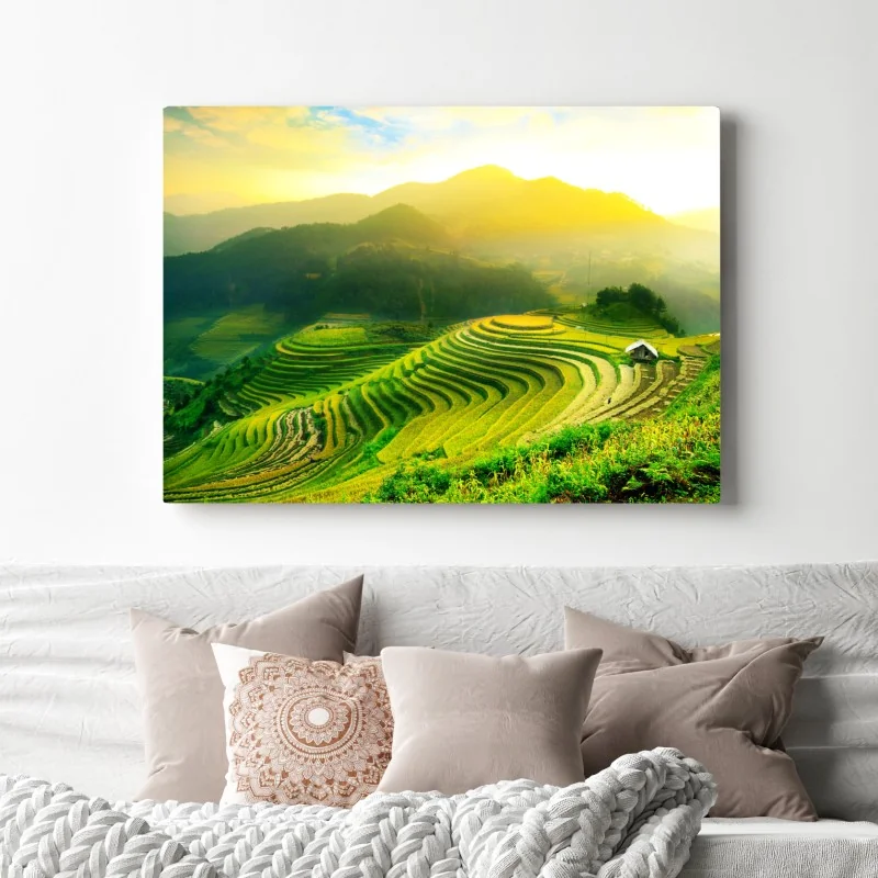 Obraz na płótnie złote tarasy ryżowe o wschodzie słońca – Wallissimo® Obraz na płótnie złote tarasy ryżowe o wschodzie słońca – Wallissimo®