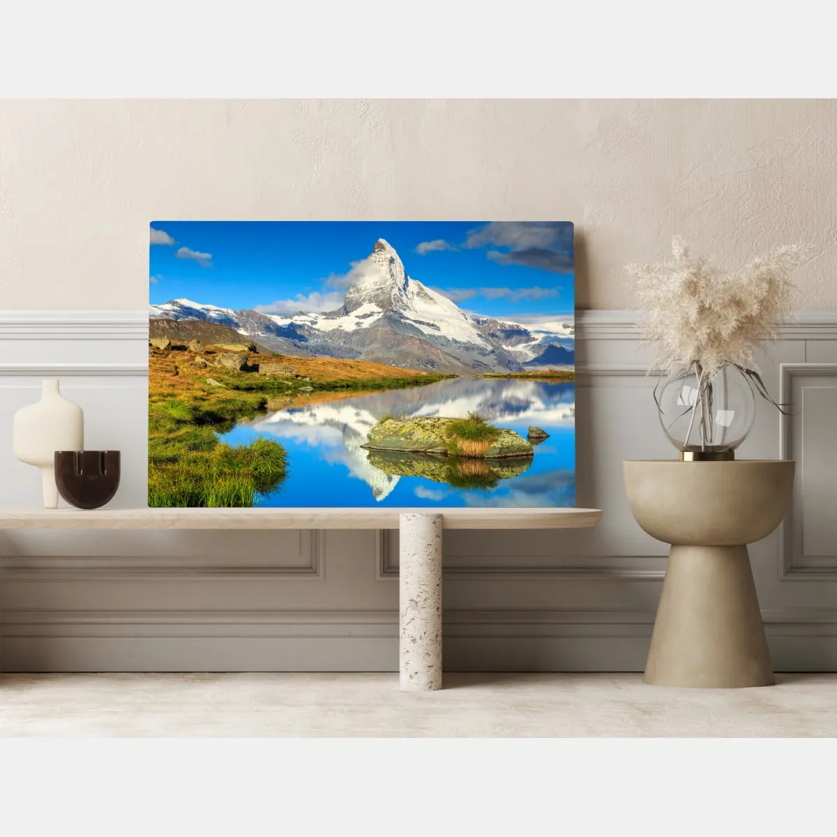 Obraz na płótnie majestatyczny Matterhorn odbity w alpejskim jeziorze – Wallissimo® Obraz na płótnie majestatyczny Matterhorn odbity w alpejskim jeziorze – Wallissimo®