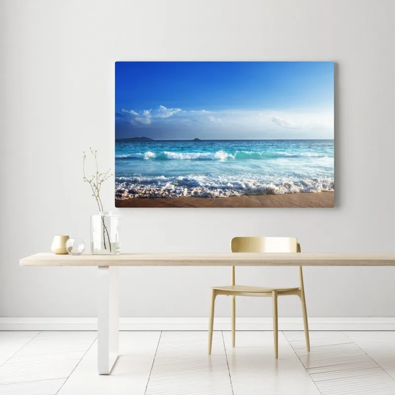 Obraz na płótnie tropikalna plaża na Seszelach o zachodzie słońca – Wallissimo® Obraz na płótnie tropikalna plaża na Seszelach o zachodzie słońca – Wallissimo®