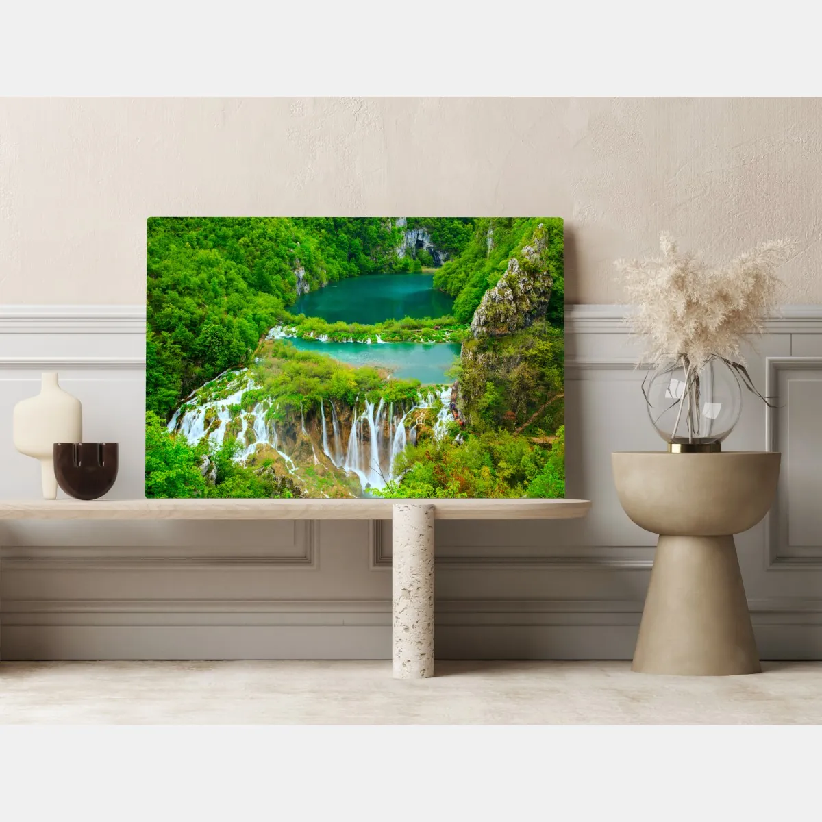 Obraz na płótnie bujny wodospad i turkusowe jeziora – Wallissimo® Obraz na płótnie bujny wodospad i turkusowe jeziora – Wallissimo®