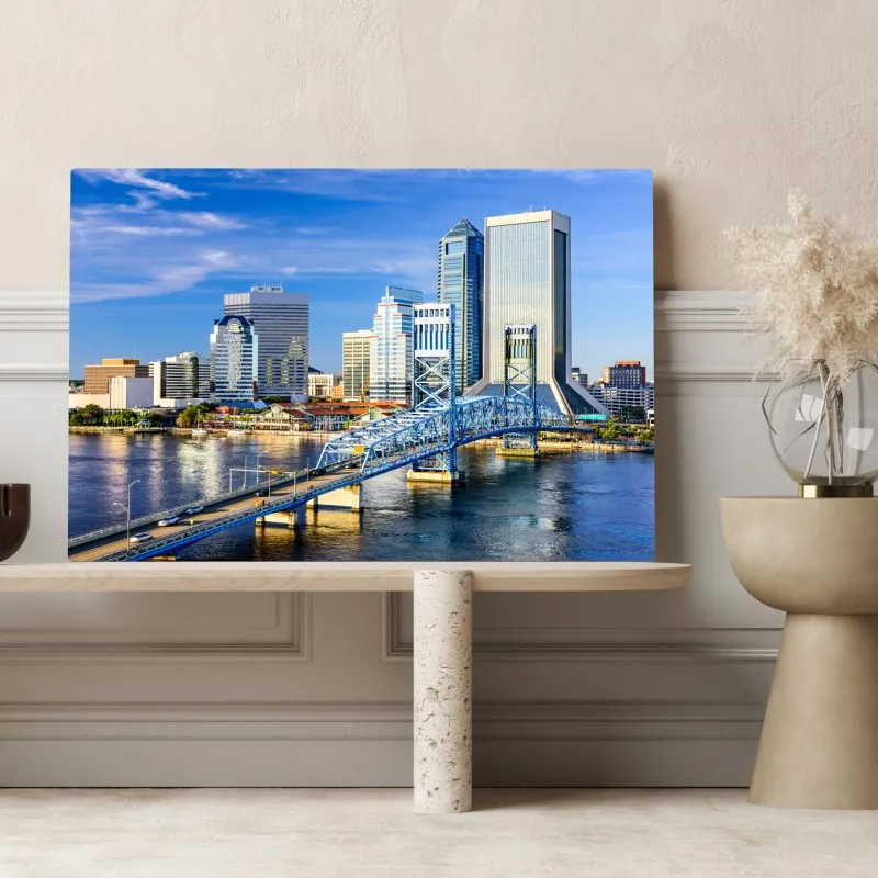 Obraz na płótnie panorama Jacksonville z niebieskim mostem – Wallissimo® Obraz na płótnie panorama Jacksonville z niebieskim mostem – Wallissimo®