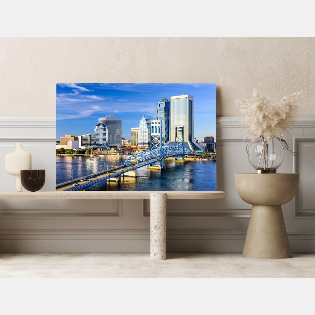 Obraz na płótnie panorama Jacksonville z niebieskim mostem – Wallissimo® Obraz na płótnie panorama Jacksonville z niebieskim mostem – Wallissimo®