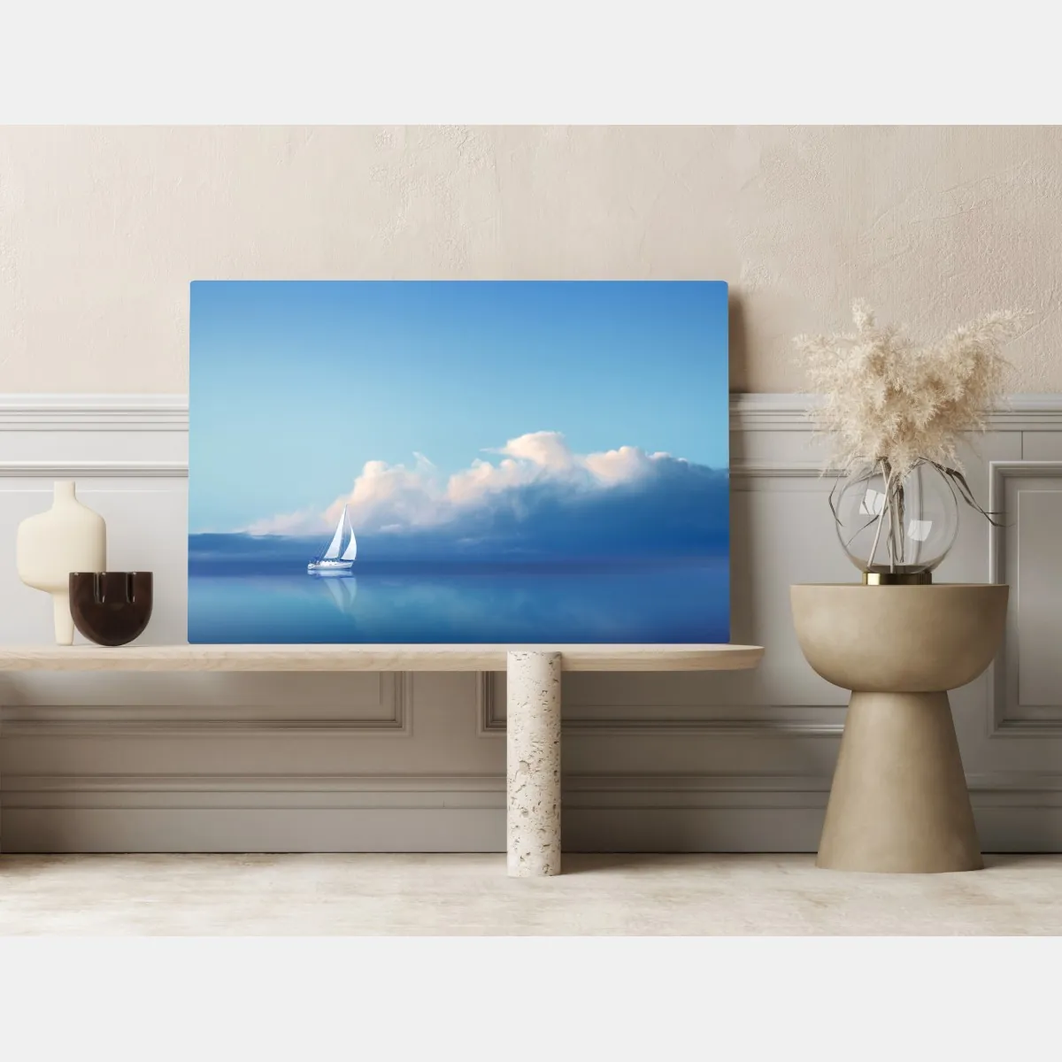 Obraz na płótnie żaglówka na spokojnym niebieskim morzu – Wallissimo® Obraz na płótnie żaglówka na spokojnym niebieskim morzu – Wallissimo®