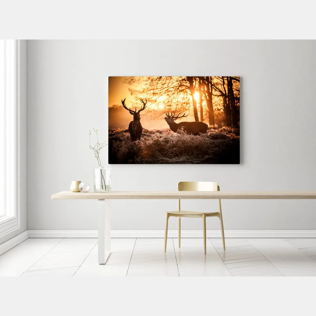 Obraz na płótnie złocisty wschód słońca z jeleniami na mroźnej łące – Wallissimo® Obraz na płótnie złocisty wschód słońca z jeleniami na mroźnej łące – Wallissimo®