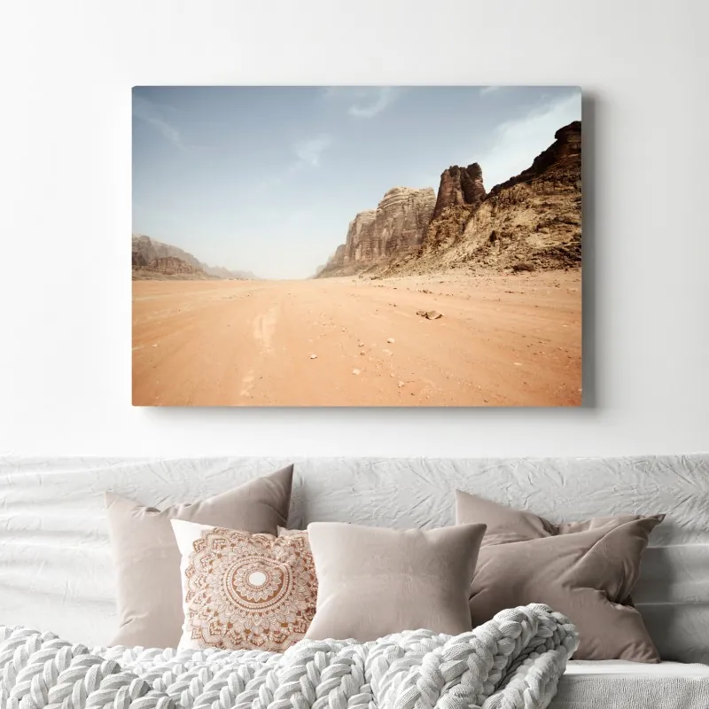 Obraz na płótnie rozległa panorama pustyni Wadi Rum, Jordania – Wallissimo® Obraz na płótnie rozległa panorama pustyni Wadi Rum, Jordania – Wallissimo®
