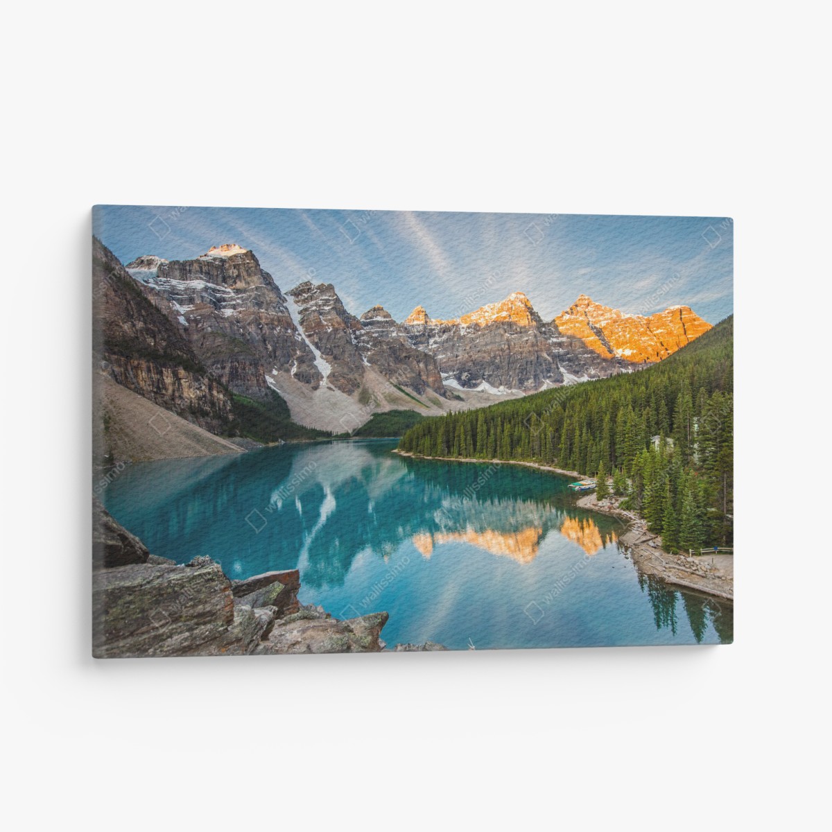 Canvas print sunlit alpine lake reflection