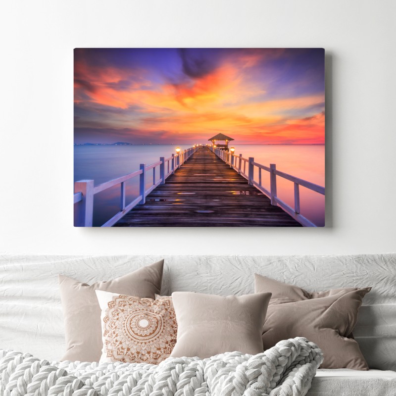 Obraz na płótnie drewniany pomost o wschodzie słońca – Wallissimo® Obraz na płótnie drewniany pomost o wschodzie słońca – Wallissimo®