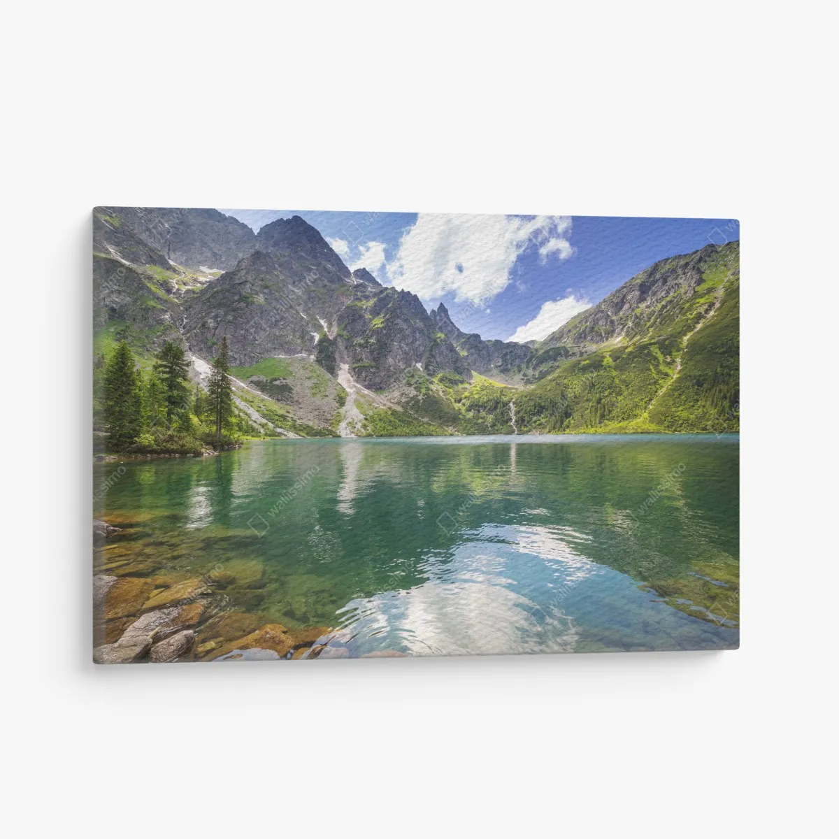 Obraz na płótnie spokojne szmaragdowe jezioro górskie ze skalistymi szczytami – Wallissimo® Obraz na płótnie spokojne szmaragdowe jezioro górskie ze skalistymi szczytami – Wallissimo®