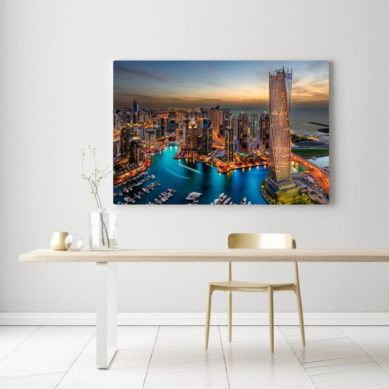 Obraz na płótnie Dubaj marina wieczorna panorama – Wallissimo® Obraz na płótnie Dubaj marina wieczorna panorama – Wallissimo®