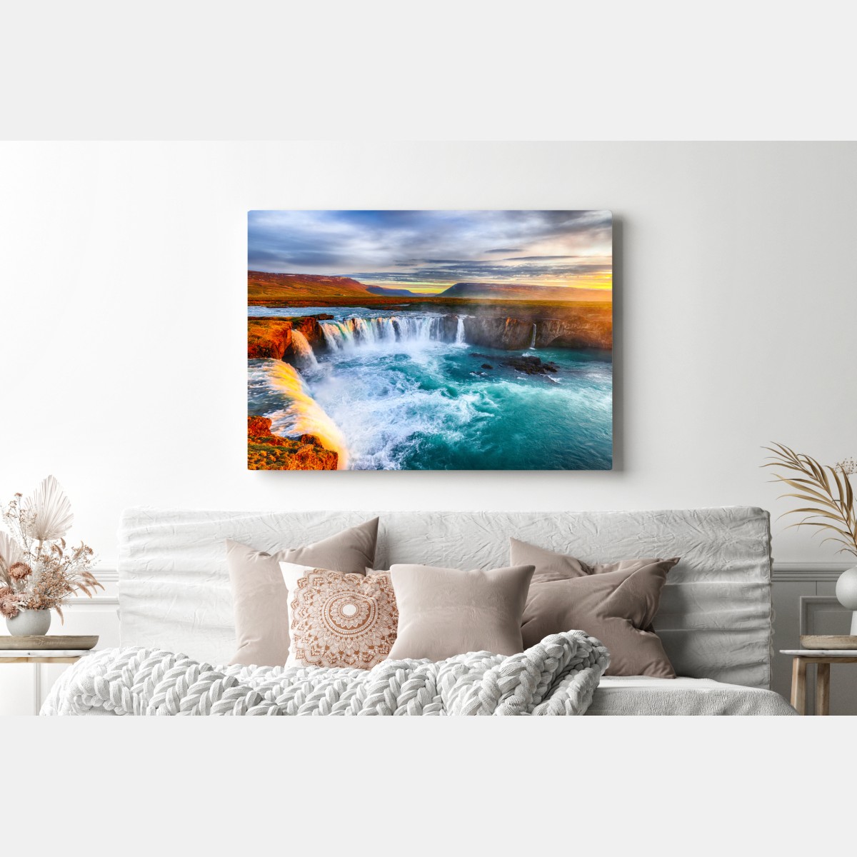 Obraz na płótnie Godafoss wodospad o wschodzie słońca – Wallissimo® Obraz na płótnie Godafoss wodospad o wschodzie słońca – Wallissimo®