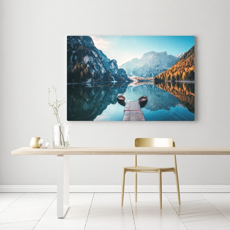 Obraz na płótnie spokojny poranek nad jeziorem Braies, Dolomity – Wallissimo® Obraz na płótnie spokojny poranek nad jeziorem Braies, Dolomity – Wallissimo®