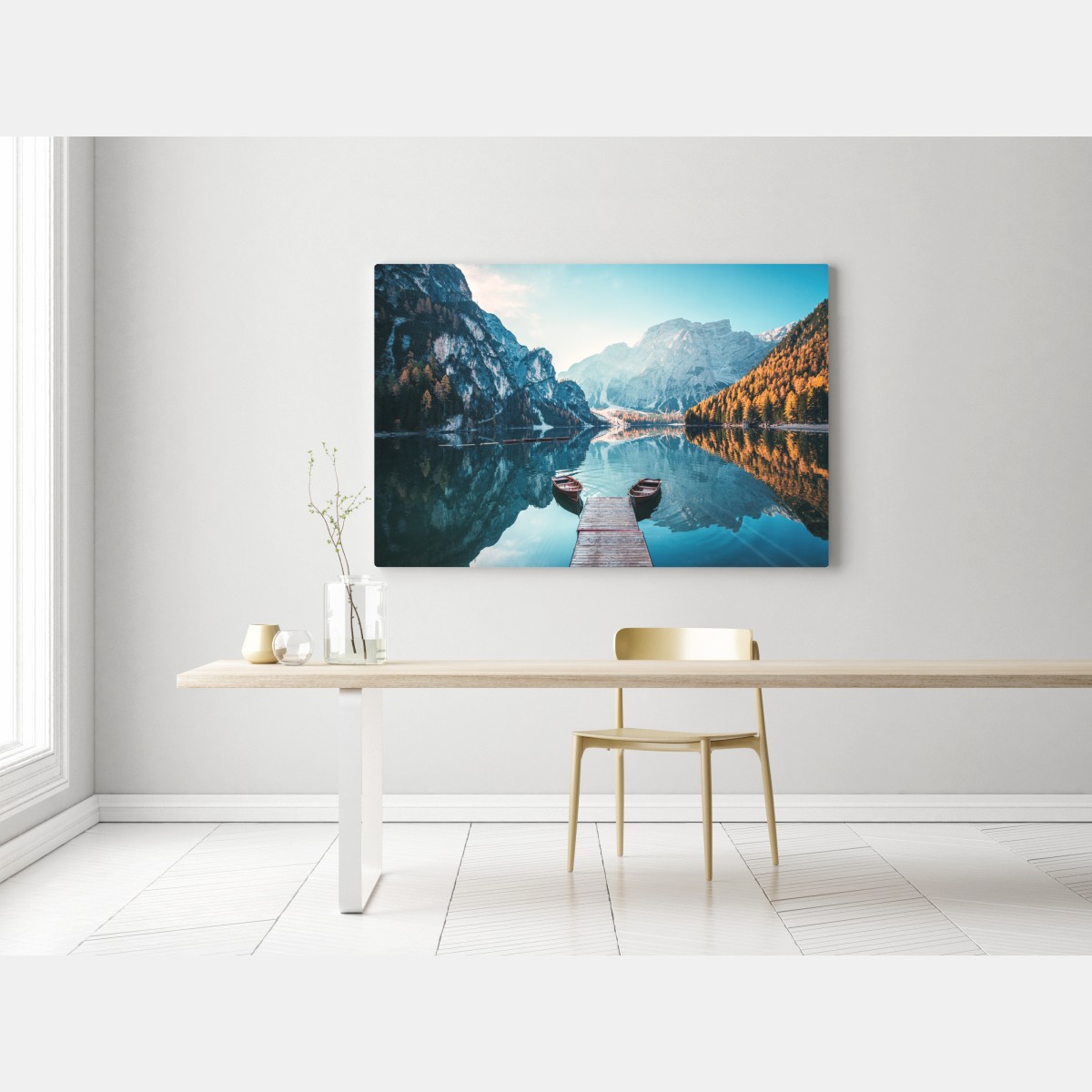 Obraz na płótnie spokojny poranek nad jeziorem Braies, Dolomity – Wallissimo® Obraz na płótnie spokojny poranek nad jeziorem Braies, Dolomity – Wallissimo®