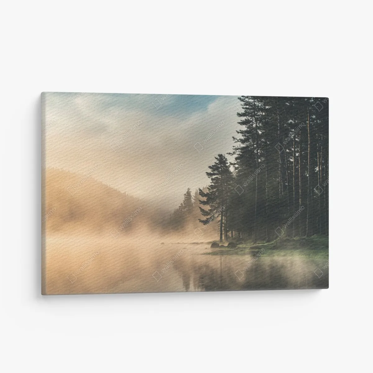 Obraz na płótnie mglisty wschód słońca nad leśnym jeziorem – Wallissimo® Obraz na płótnie mglisty wschód słońca nad leśnym jeziorem – Wallissimo®