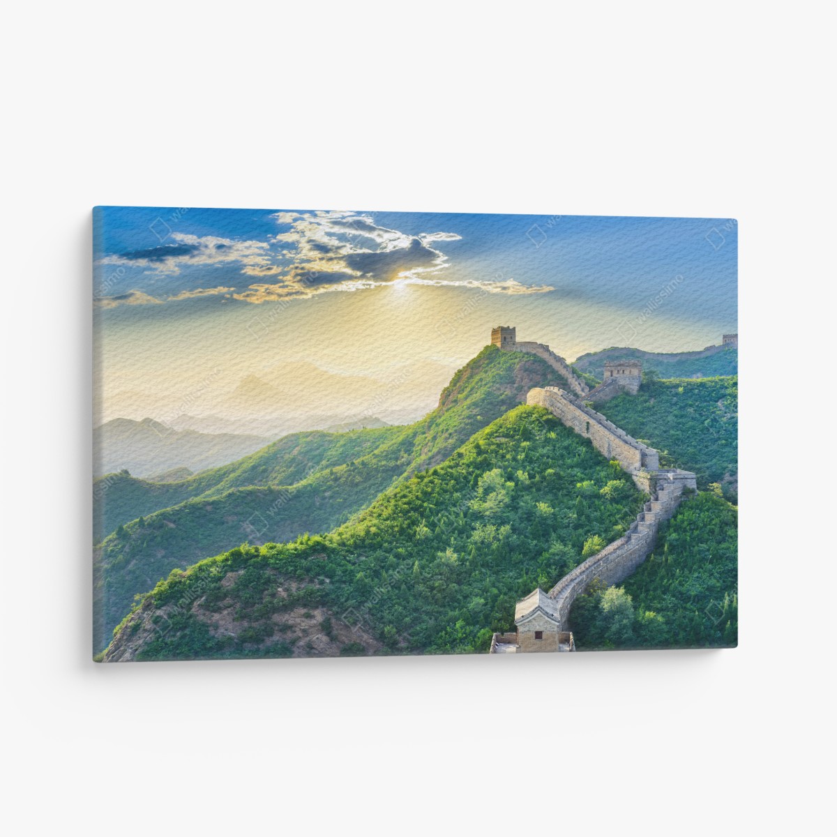 Canvas print Great Wall at sunrise over green mountains