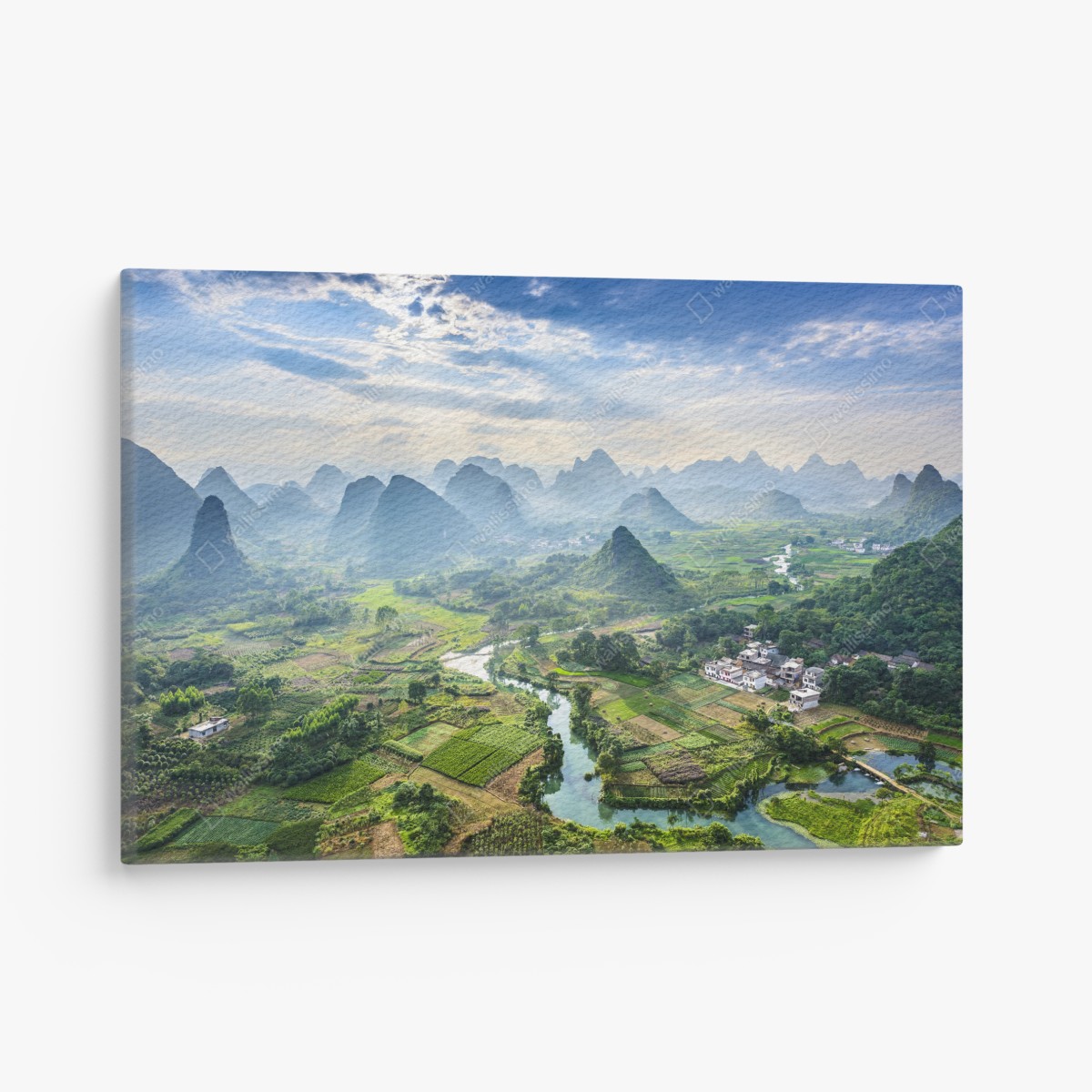 Canvas print misty karst mountain valley at sunrise