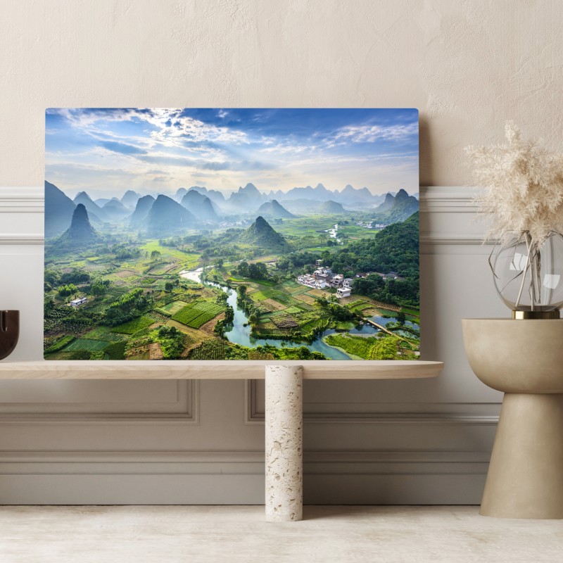 Obraz na płótnie mglista dolina górska z karstowymi szczytami o świcie – Wallissimo® Obraz na płótnie mglista dolina górska z karstowymi szczytami o świcie – Wallissimo®