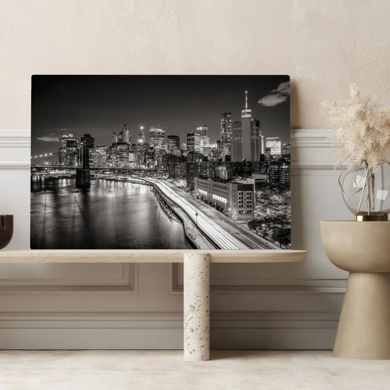 Obraz na płótnie czarno-biała panorama miasta nocą – Wallissimo® Obraz na płótnie czarno-biała panorama miasta nocą – Wallissimo®