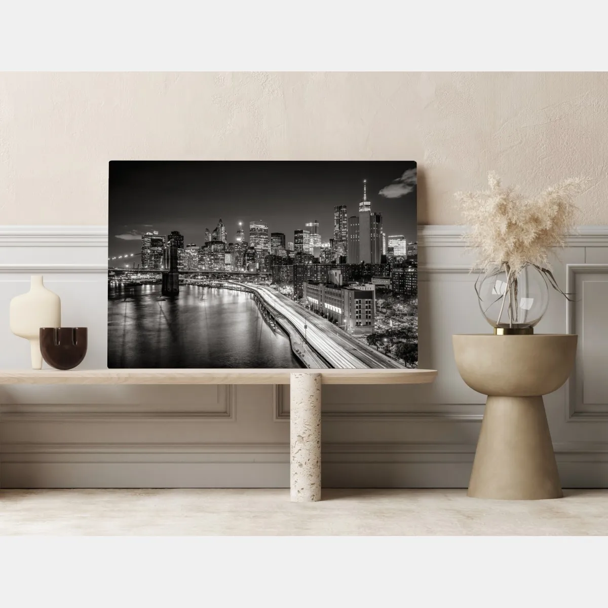 Obraz na płótnie czarno-biała panorama miasta nocą – Wallissimo® Obraz na płótnie czarno-biała panorama miasta nocą – Wallissimo®