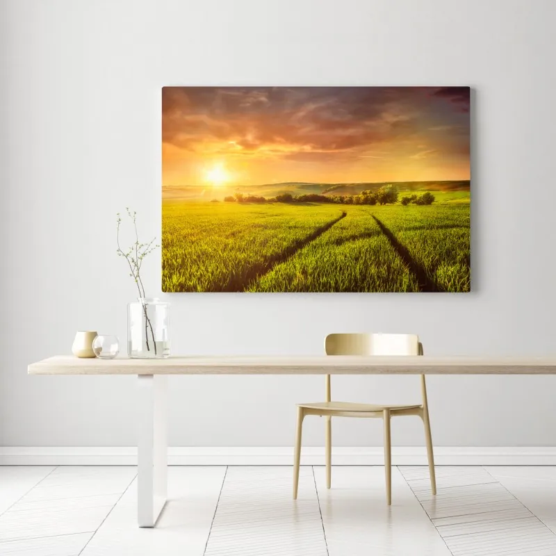 Obraz na płótnie słoneczna łąka o zachodzie słońca – Wallissimo® Obraz na płótnie słoneczna łąka o zachodzie słońca – Wallissimo®