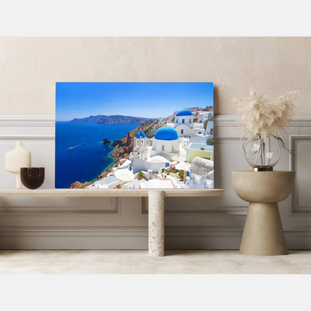 Obraz na płótnie Santorini błękitne kopuły nad kalderą – Wallissimo® Obraz na płótnie Santorini błękitne kopuły nad kalderą – Wallissimo®