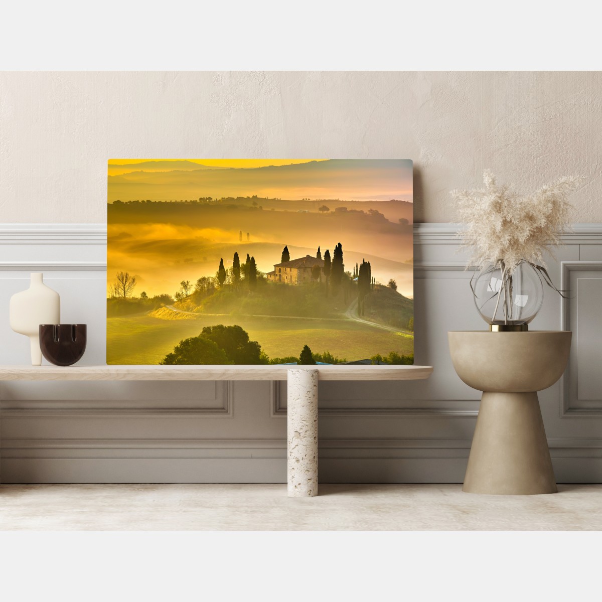 Obraz na płótnie Toskania o świcie nad złotymi wzgórzami – Wallissimo® Obraz na płótnie Toskania o świcie nad złotymi wzgórzami – Wallissimo®