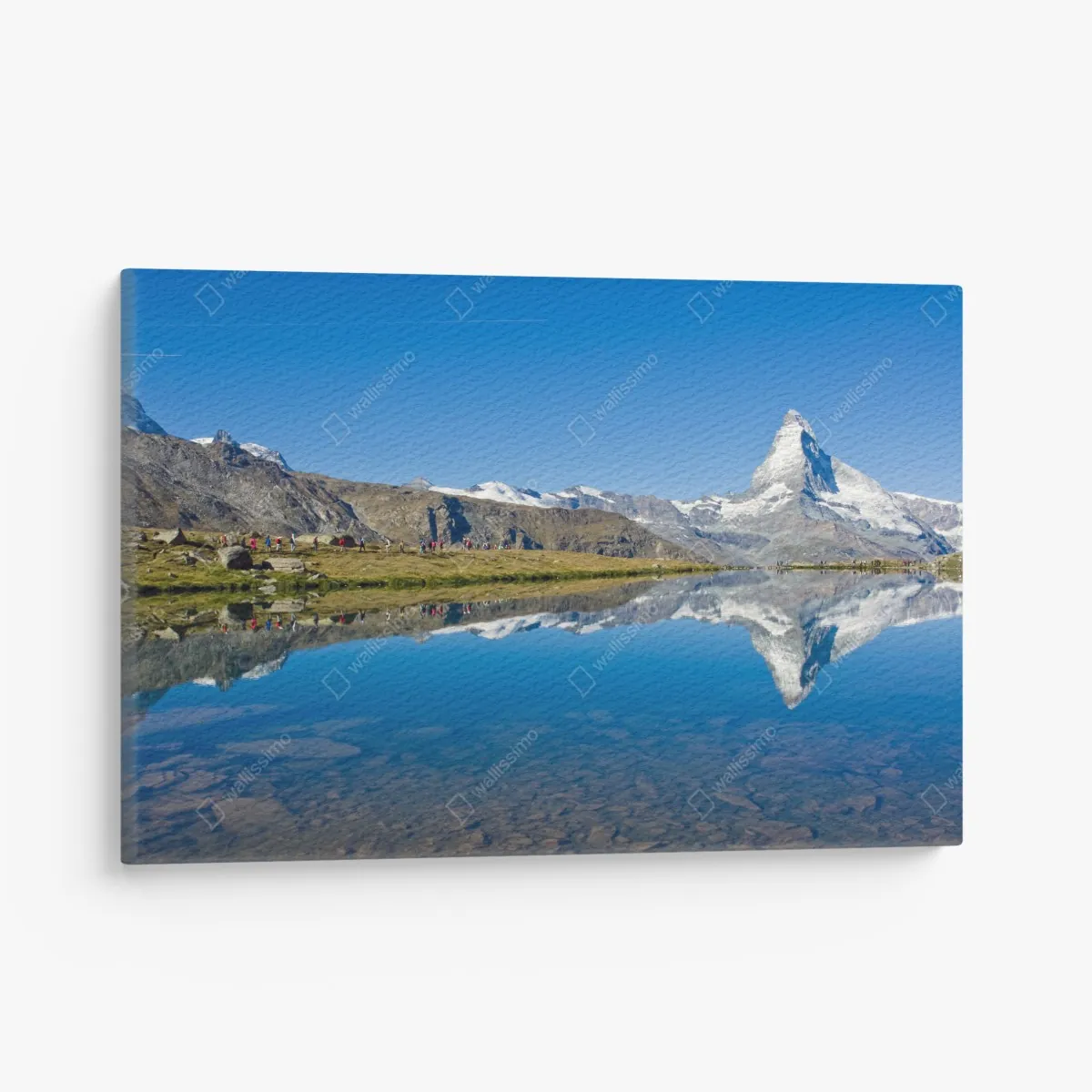 Obraz na płótnie alpejskie odbicie górskie nad spokojnym jeziorem – Wallissimo® Obraz na płótnie alpejskie odbicie górskie nad spokojnym jeziorem – Wallissimo®
