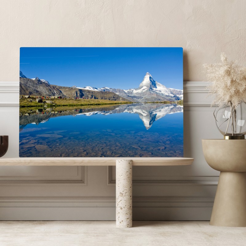 Obraz na płótnie alpejskie odbicie górskie nad spokojnym jeziorem – Wallissimo® Obraz na płótnie alpejskie odbicie górskie nad spokojnym jeziorem – Wallissimo®